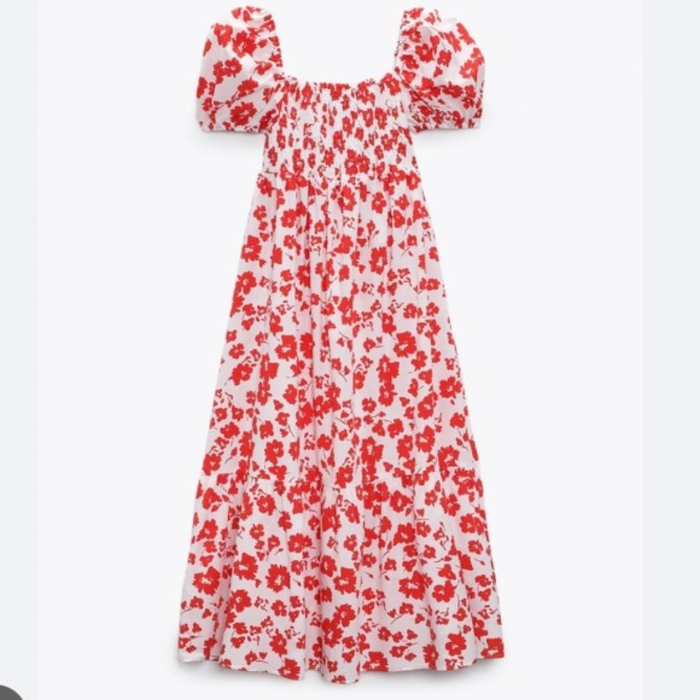 Zara Red & White Hawaiian Floral Print Puff Sleeve Midi Dress